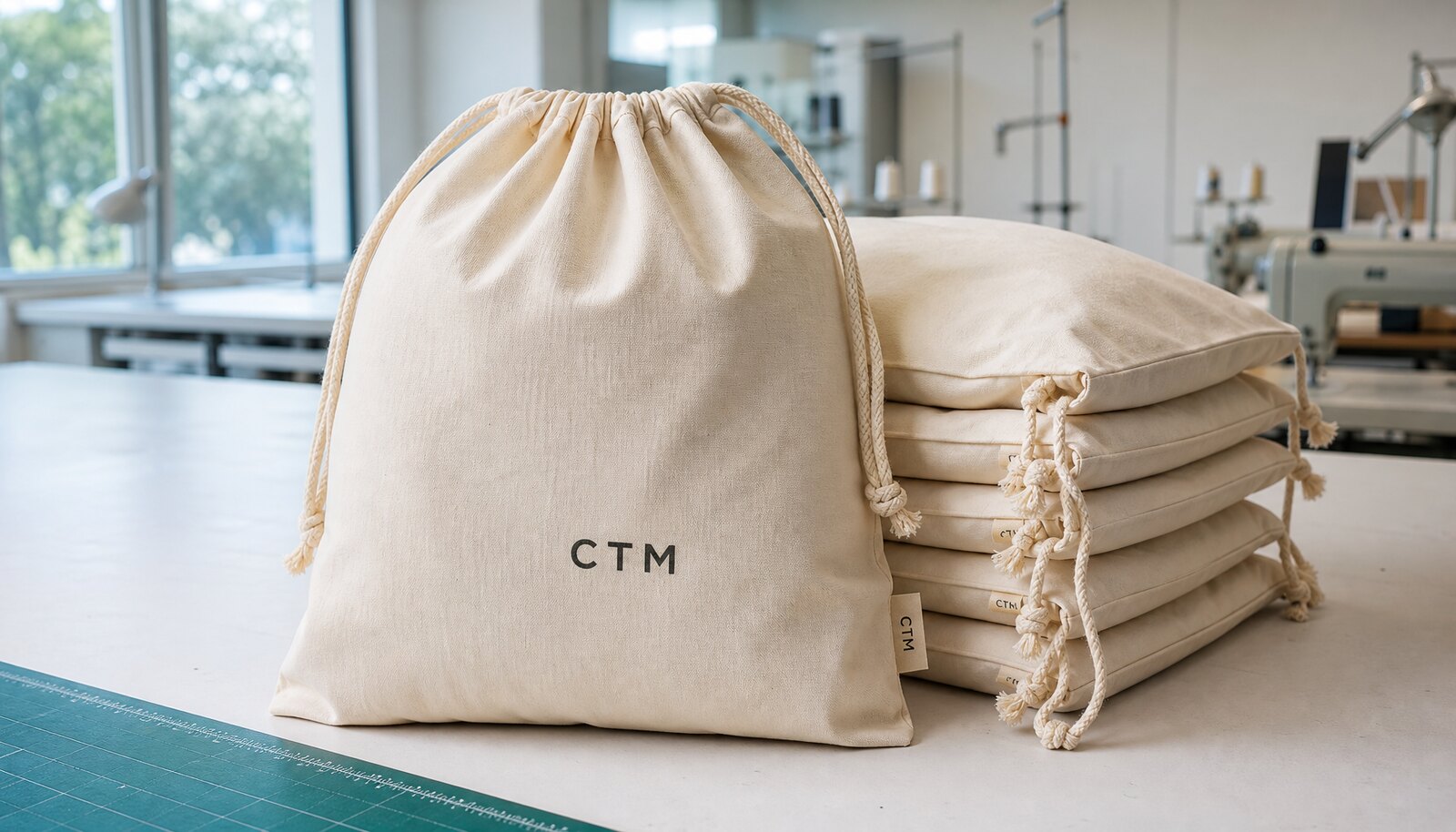 Large personalized drawstring bags with a simple CTM logo printed in a factory sample room