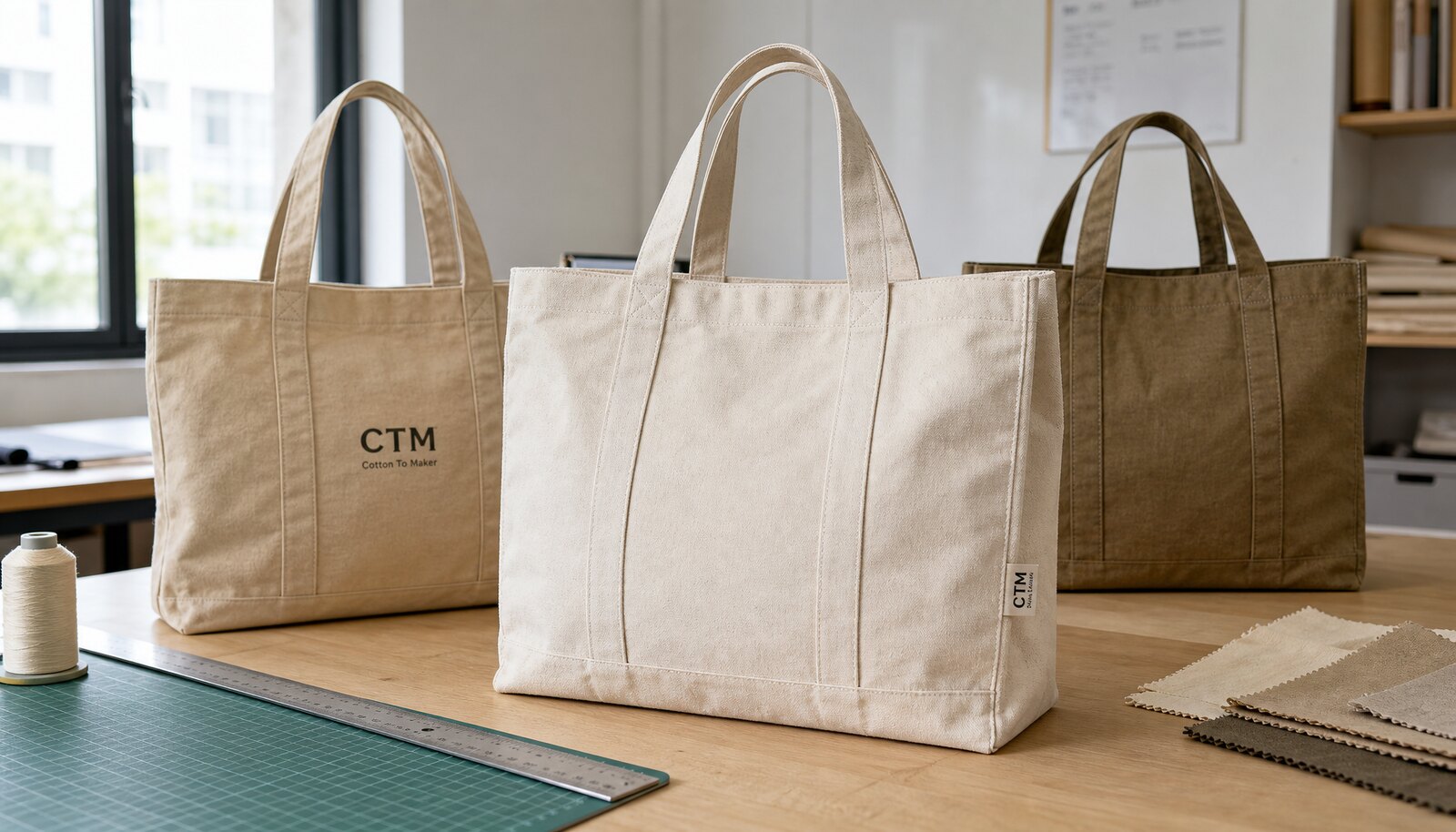 Photorealistic bespoke canvas bags with a small CTM CottonToMaker logo label in a factory sample room