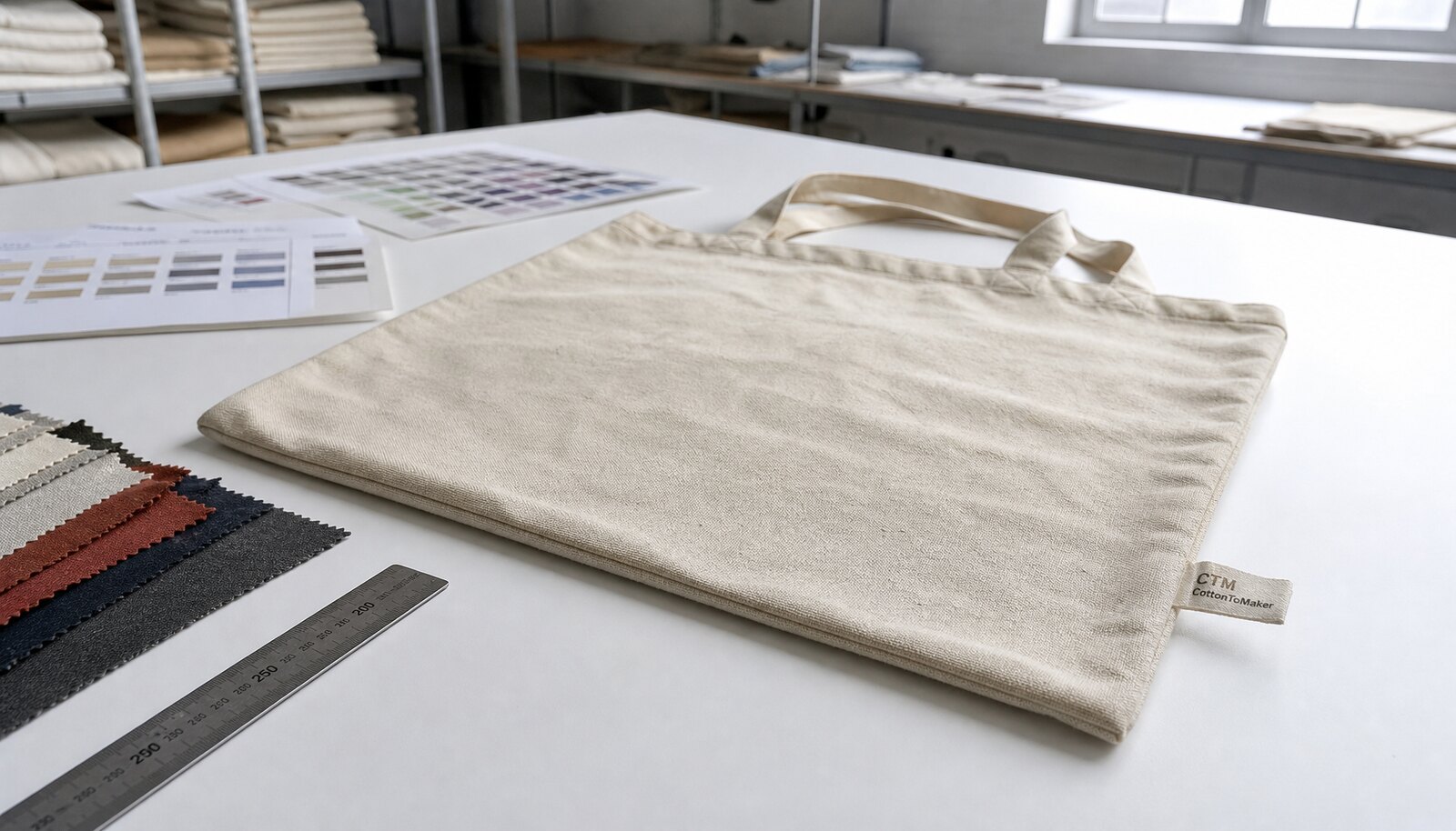 Cotton tote bag sample in a factory room with a visible CTM / CottonToMaker label