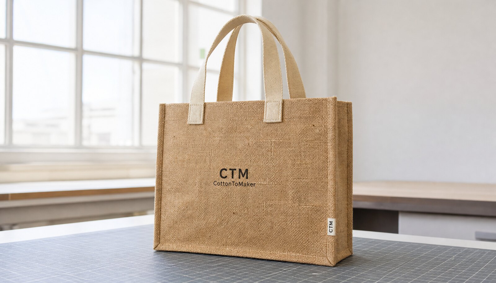 Photorealistic bespoke jute bag sample with a CTM CottonToMaker logo in a factory sample room