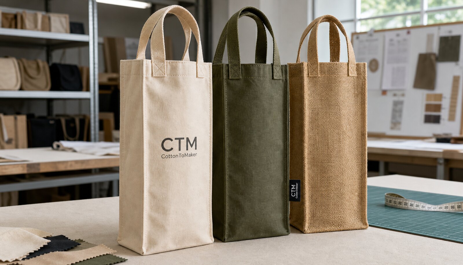 Factory sample room photo of cotton, canvas, and jute bottle gift bags with a CTM logo printed on one bag