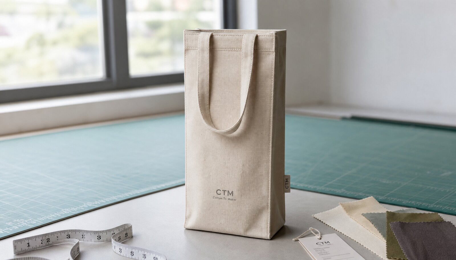 Cotton bottle gift bag for a brand launch with a simple CTM sample logo in a factory sample room