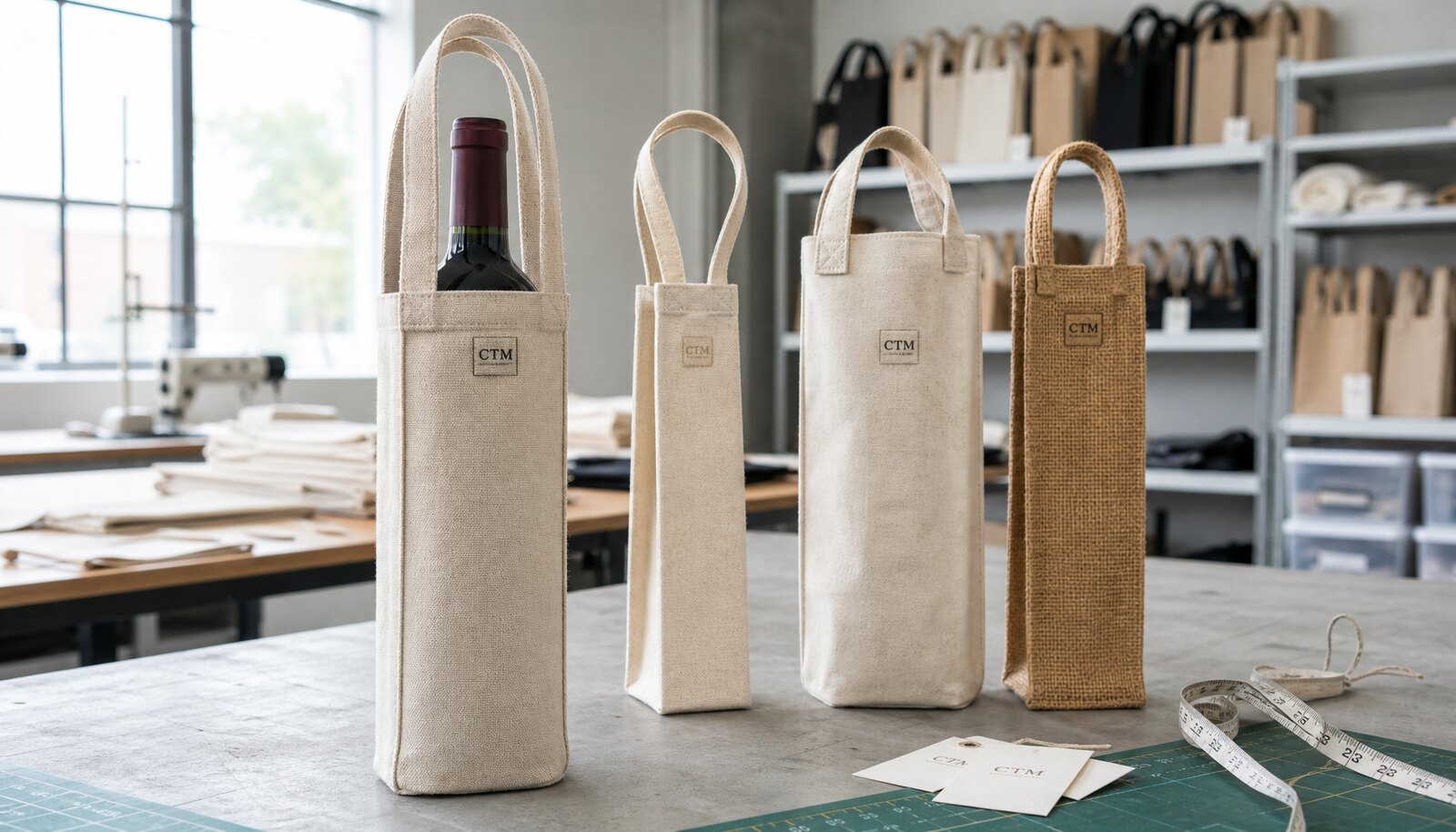 Factory sample room photo of cotton bottle gift bags with a simple CTM logo printed on the bag
