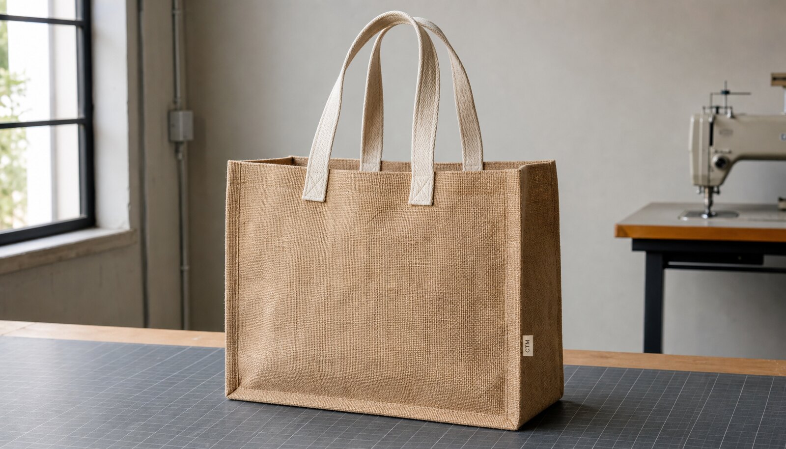 Natural jute tote bag with a stitched CTM side label in a clean sample-room setting.