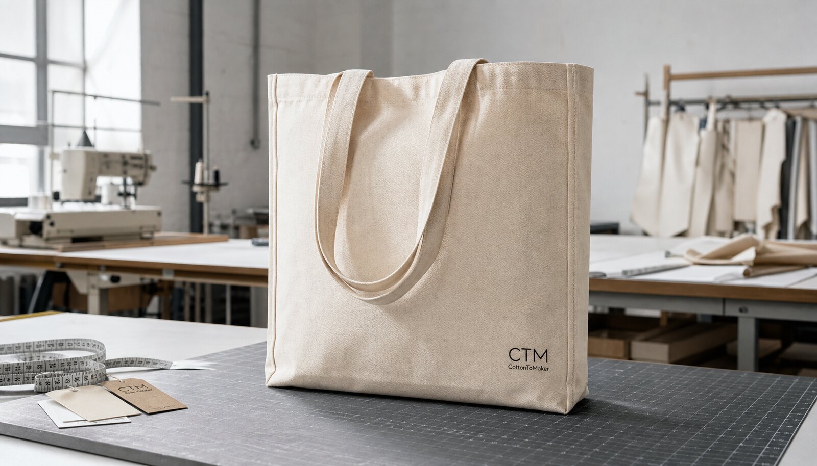 Plain cotton shopper tote bag with a simple CTM logo printed on the front in a factory sample room