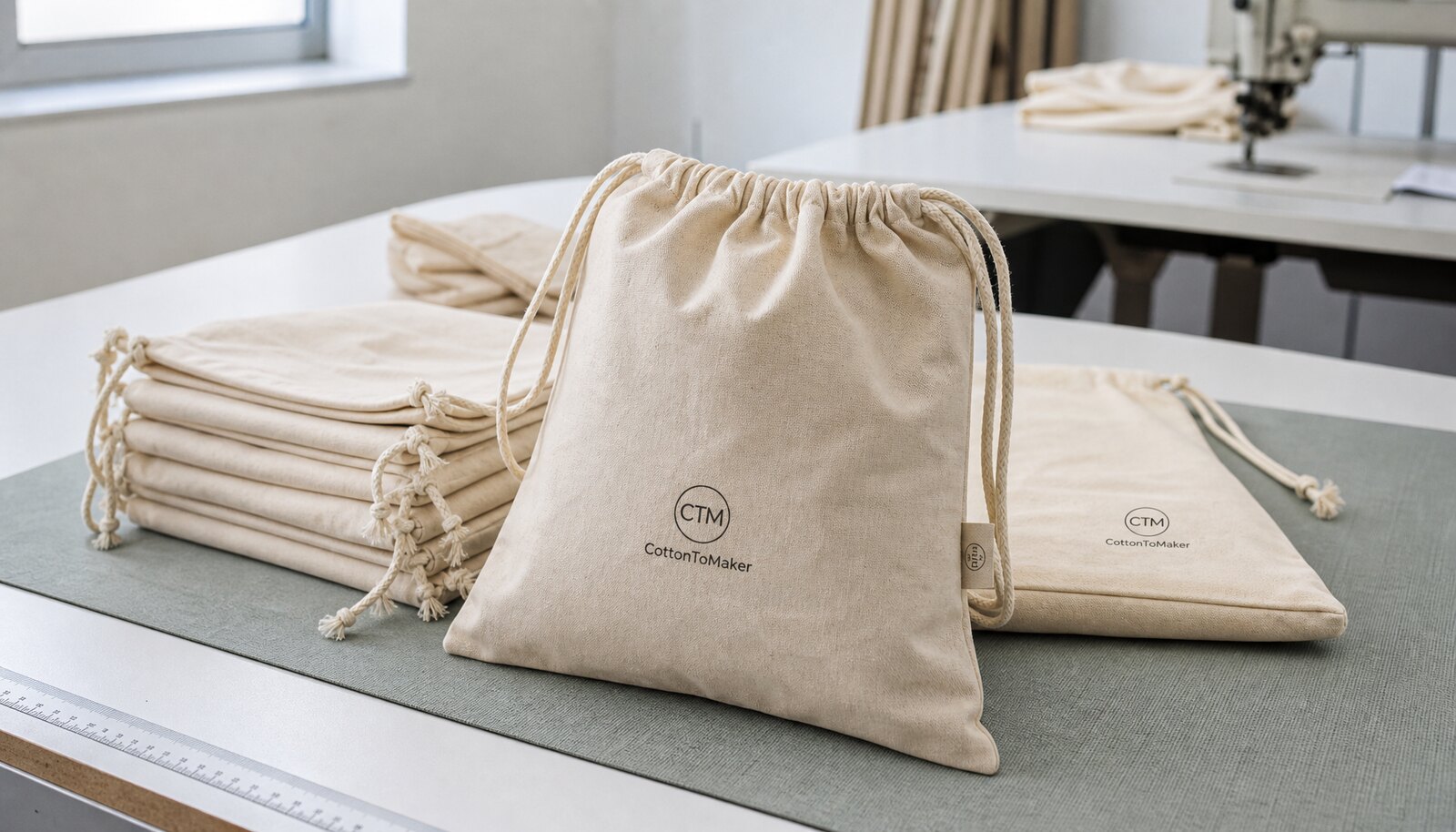 Photorealistic cotton drawstring bags in a factory sample room with a CTM logo printed on the bag and a sewn side label