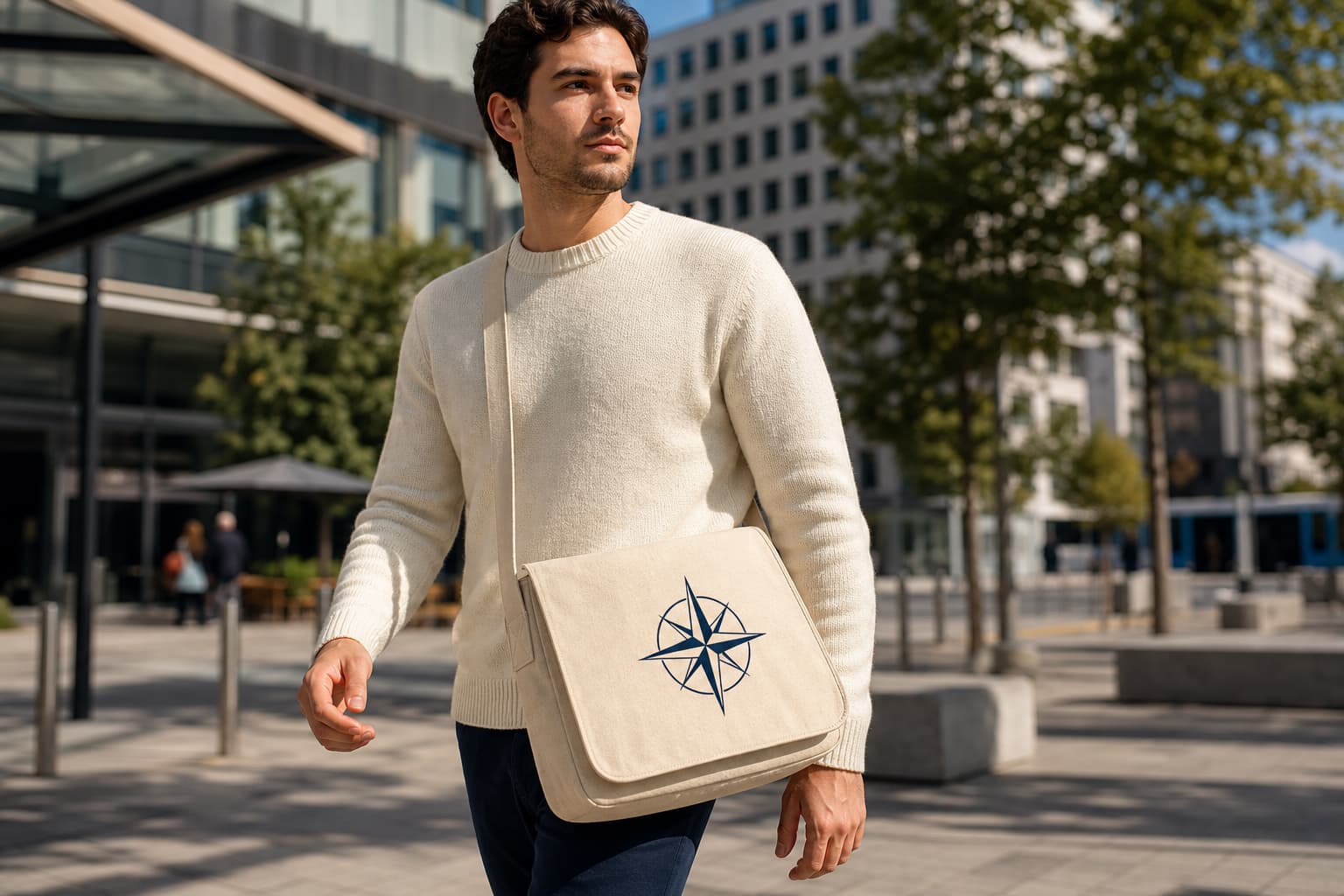 Natural canvas branded messenger bag with CTM logo and CottonToMaker side label
