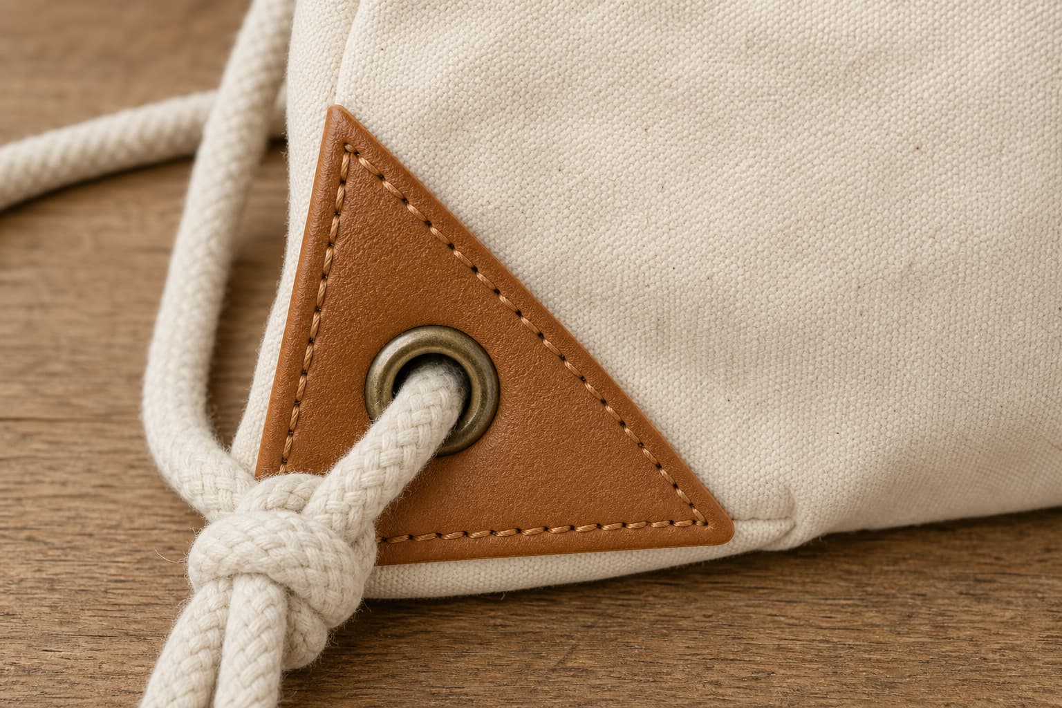 Natural cotton drawstring backpack sample with CTM logo in factory sample room