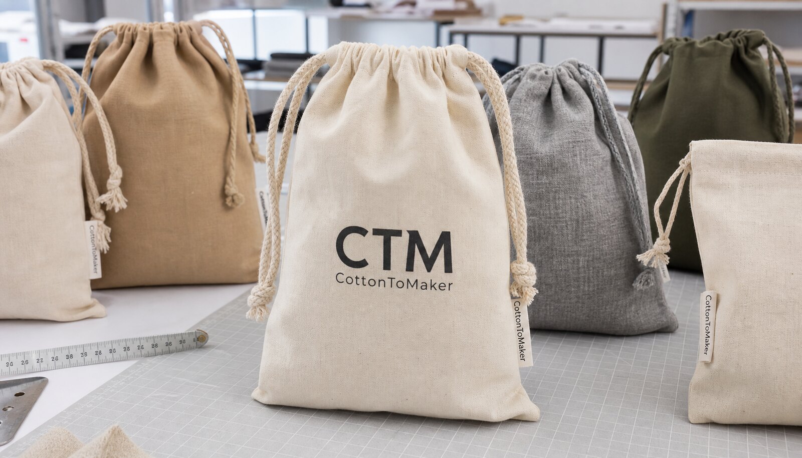 Cotton, canvas, and recycled drawstring bags in a sample room with a printed CTM logo and sewn CottonToMaker side label.