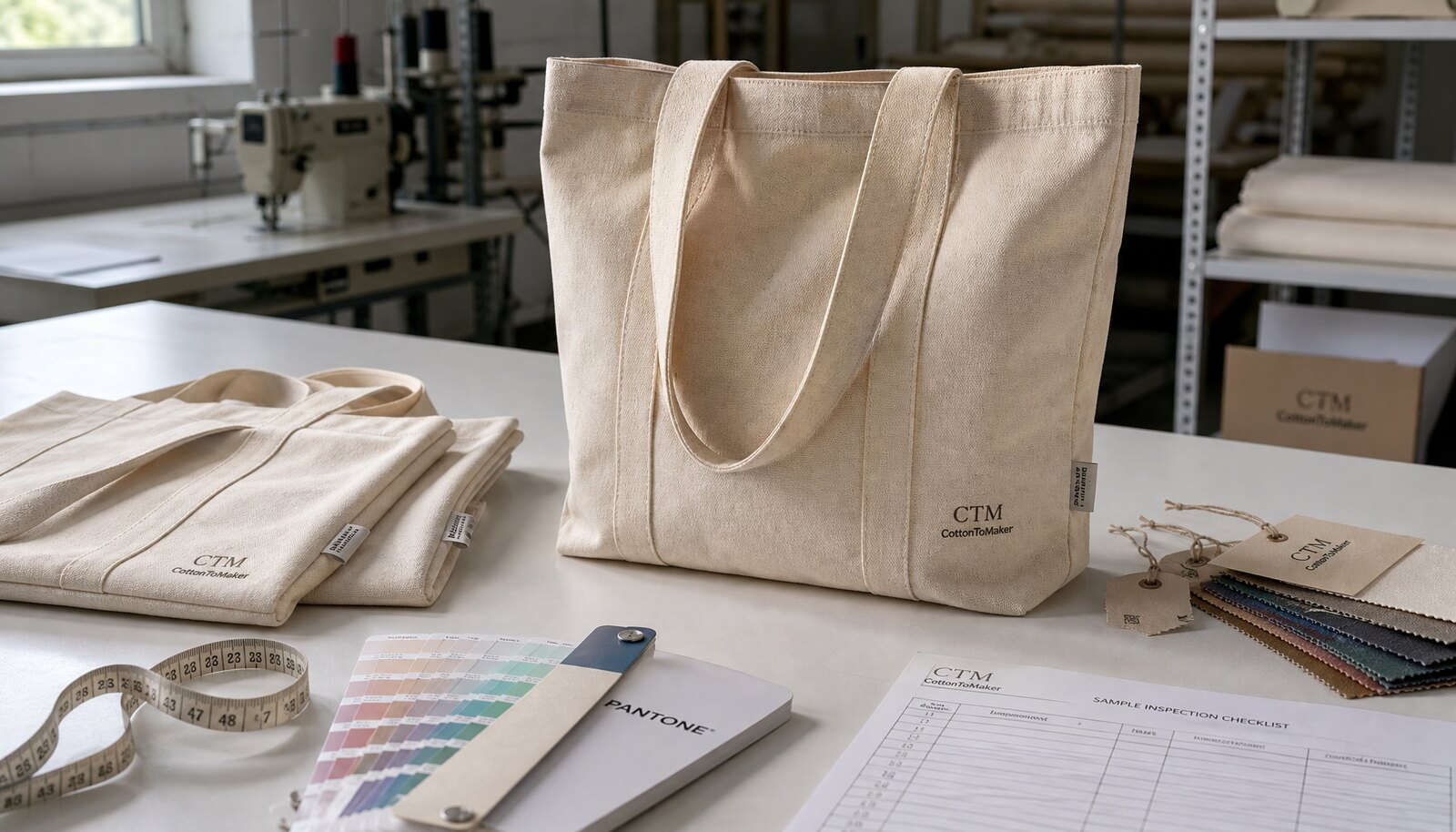 Canvas tote bag samples in a factory sample room with a small CTM CottonToMaker logo printed on one bag