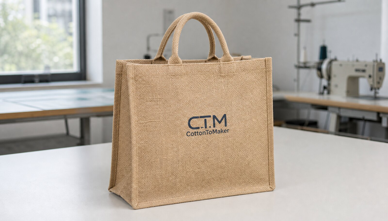Natural burlap jute tote bag with a simple CTM logo printed on the front in a clean factory sample room