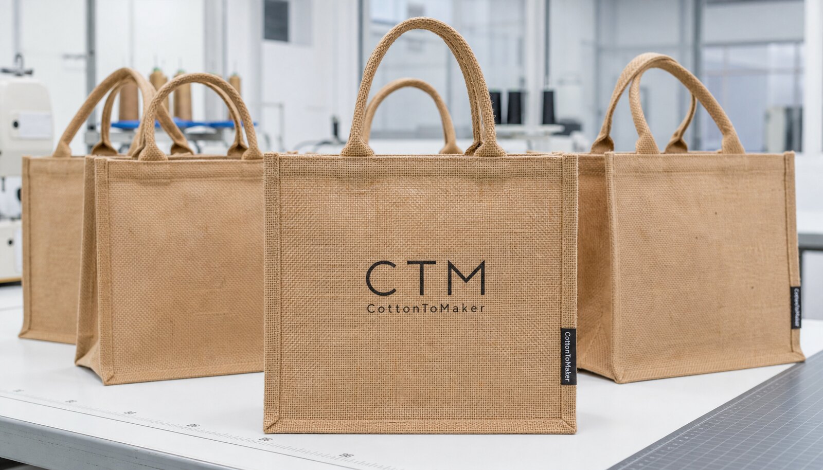 Natural burlap bags with a simple CTM/CottonToMaker logo printed on the front, shown in a clean factory sample room.