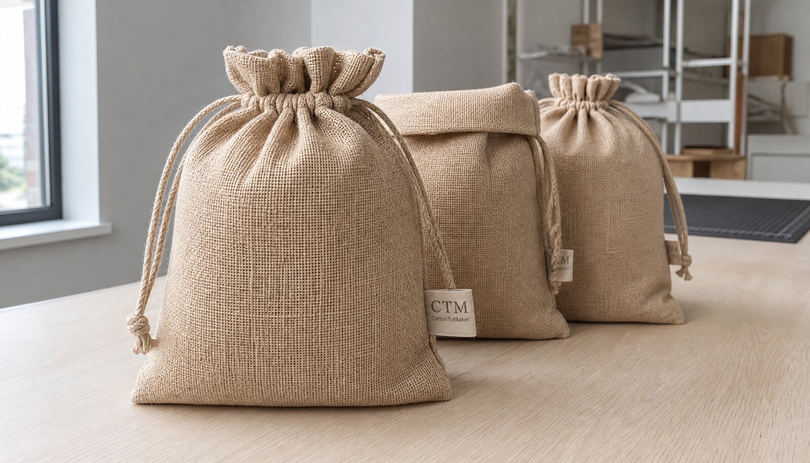 Photorealistic burlap gift bags with a small CTM / CottonToMaker side label in a factory sample room.