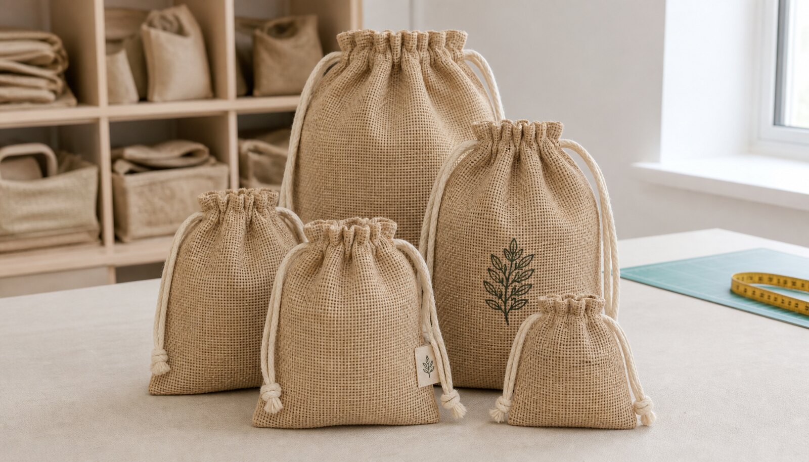 Natural burlap gift bags for events with a simple logo print and woven label in a factory sample room.