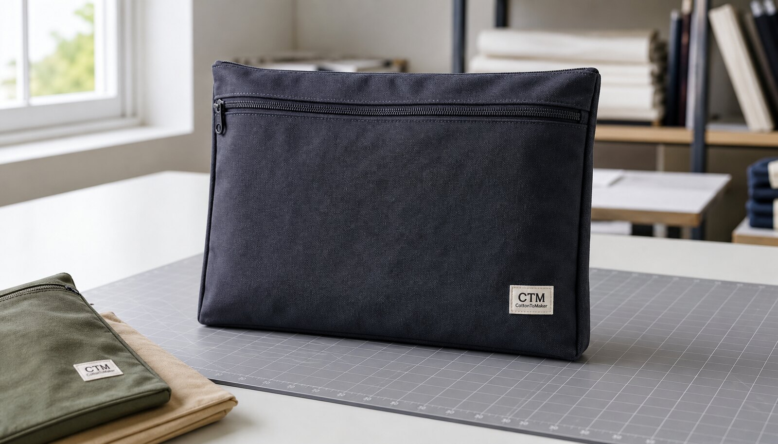 Zipper business document bag with a simple CTM CottonToMaker sample logo in a clean factory sample room