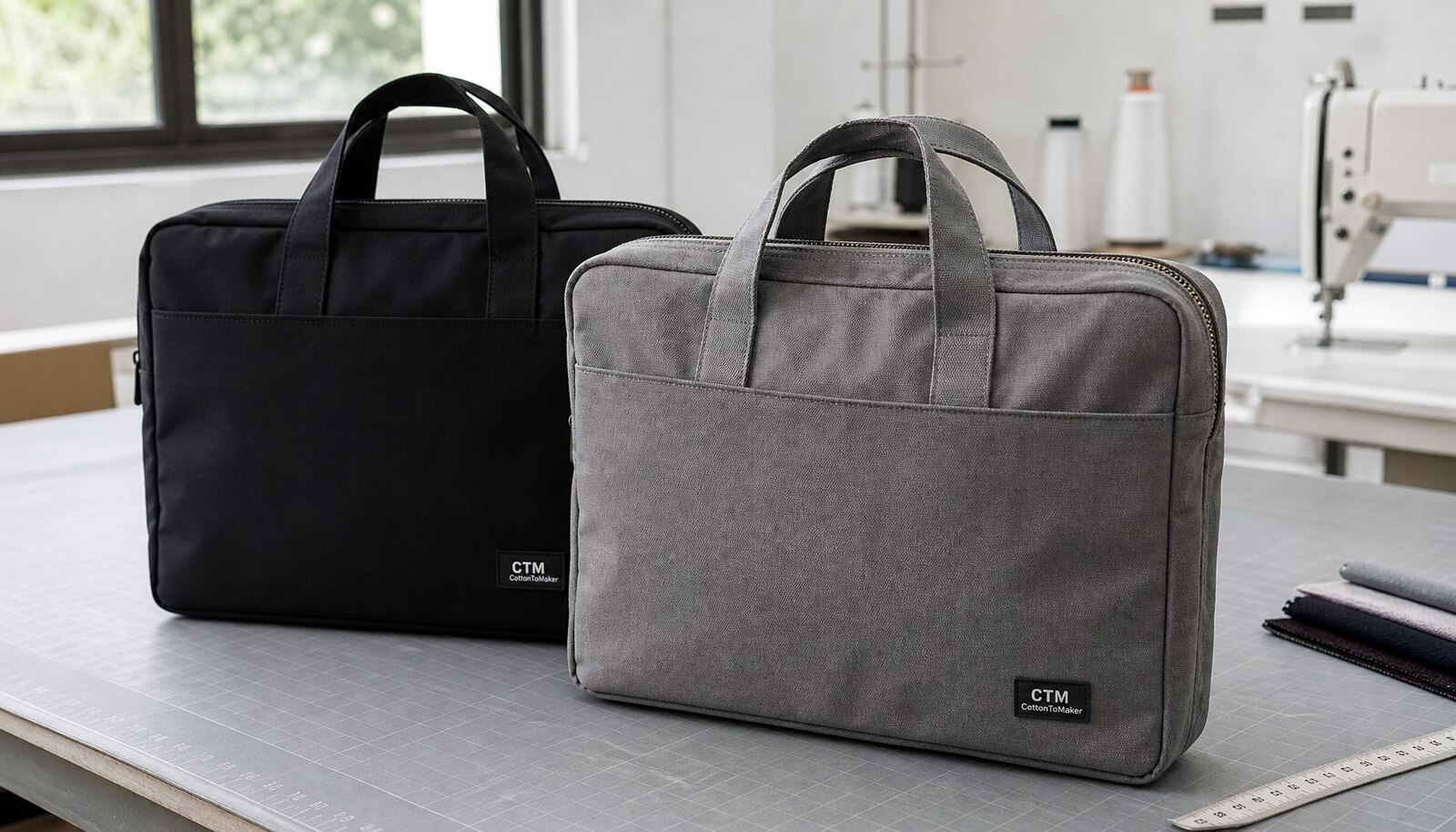 Photorealistic business document bags for corporate gifts with a simple CTM logo on a factory sample table