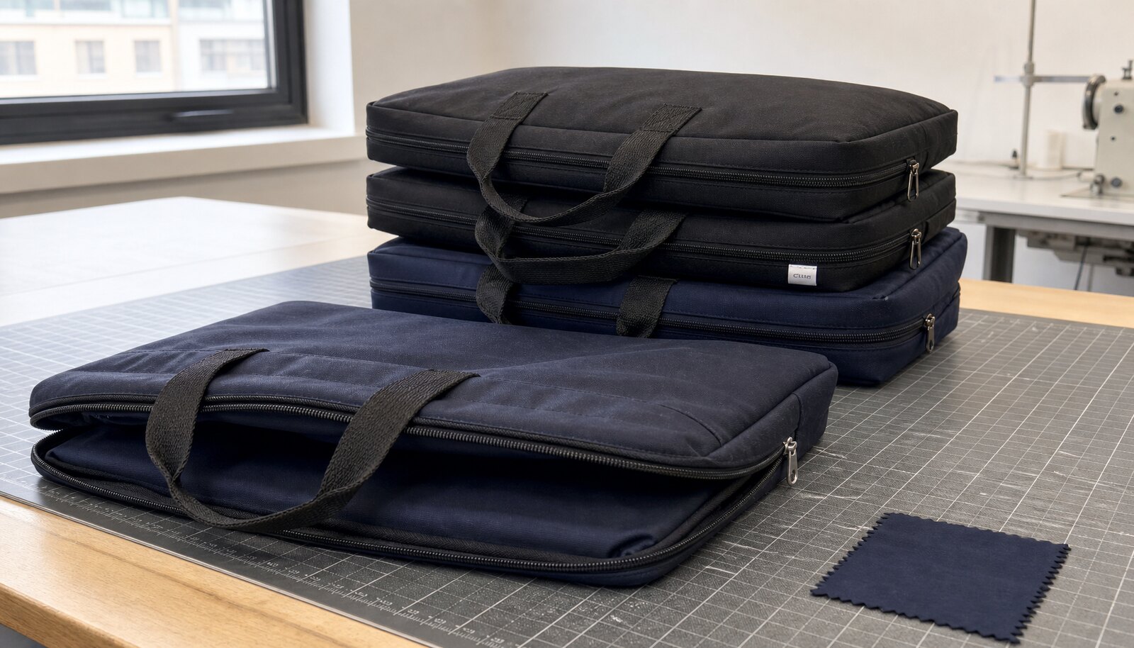 Photorealistic business document bags for events with a CTM CottonToMaker side label in a clean factory sample room