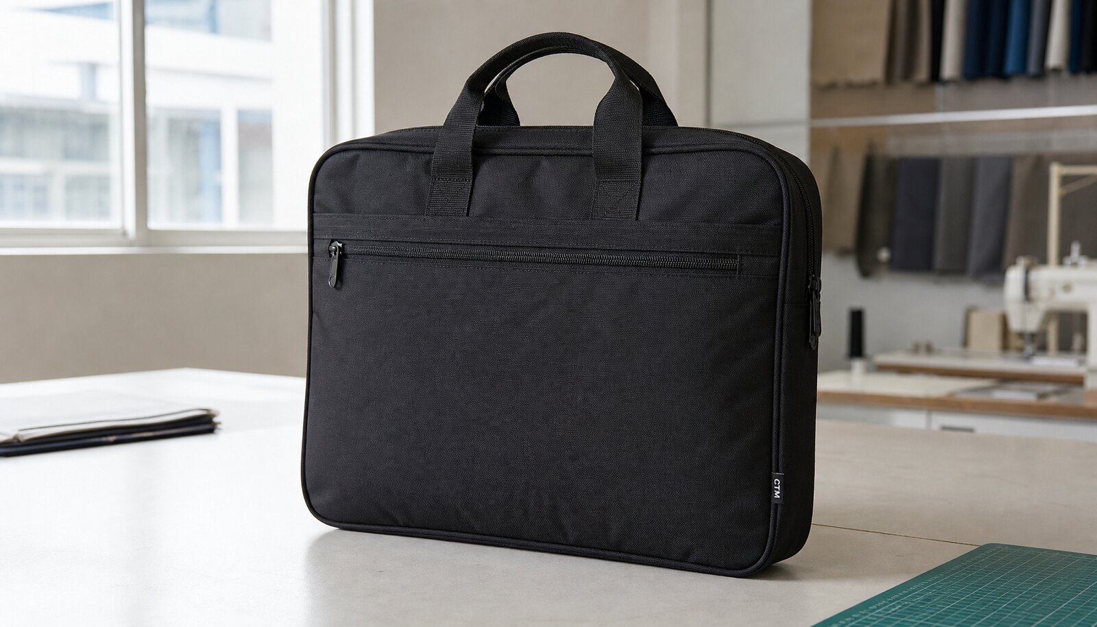 Black hotel business document bag with a stitched CTM woven side label, photographed in a clean factory sample room.