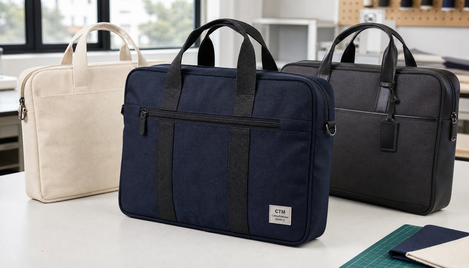 Retail-ready business document bags with a CTM sample logo shown in a factory sample room