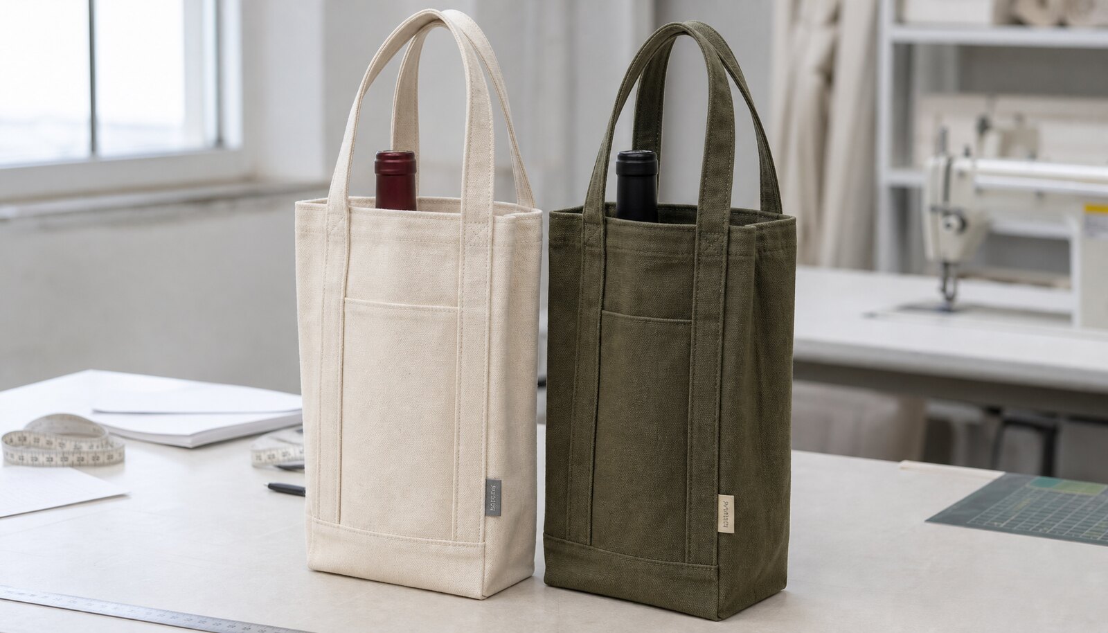 Photorealistic canvas wine carriers with a simple CottonToMaker sample label in a factory sample room