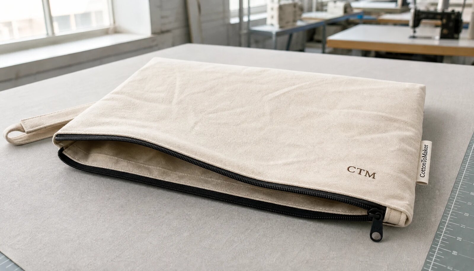 Natural canvas zipper portfolio with a small CTM logo embroidered on the front and a CottonToMaker woven side label in a factory sample room.