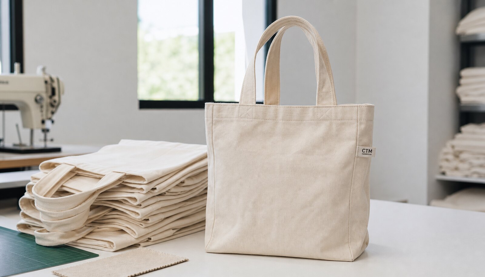 Heavy canvas tote bag sample with a small sewn CTM CottonToMaker side label in a clean factory sample room