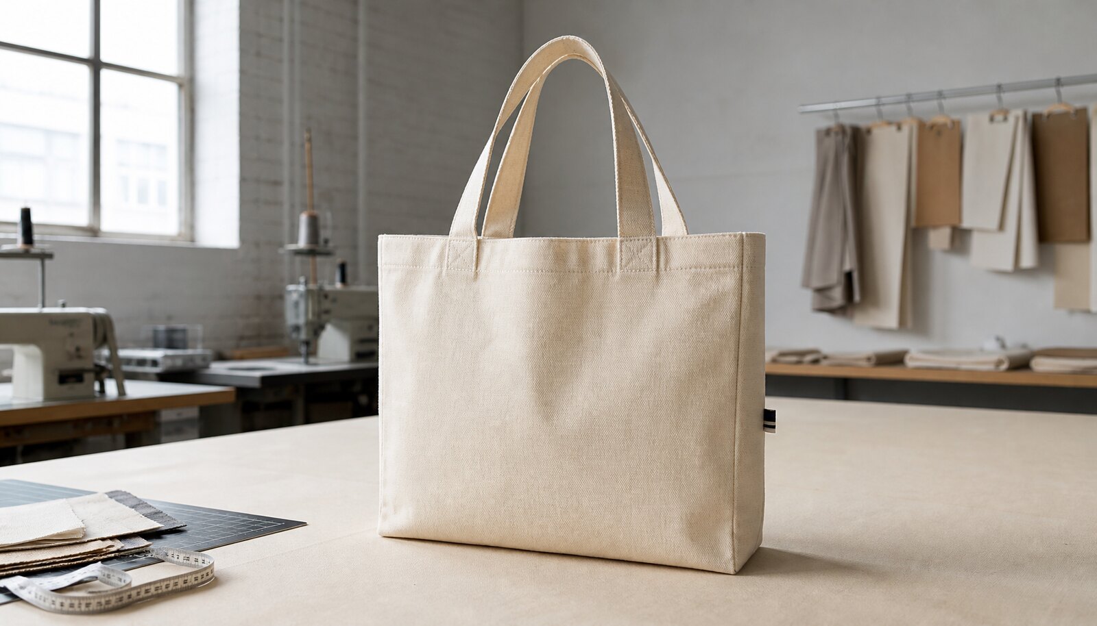 Natural canvas tote bag in a clean sample room with visible stitching and structured gusset