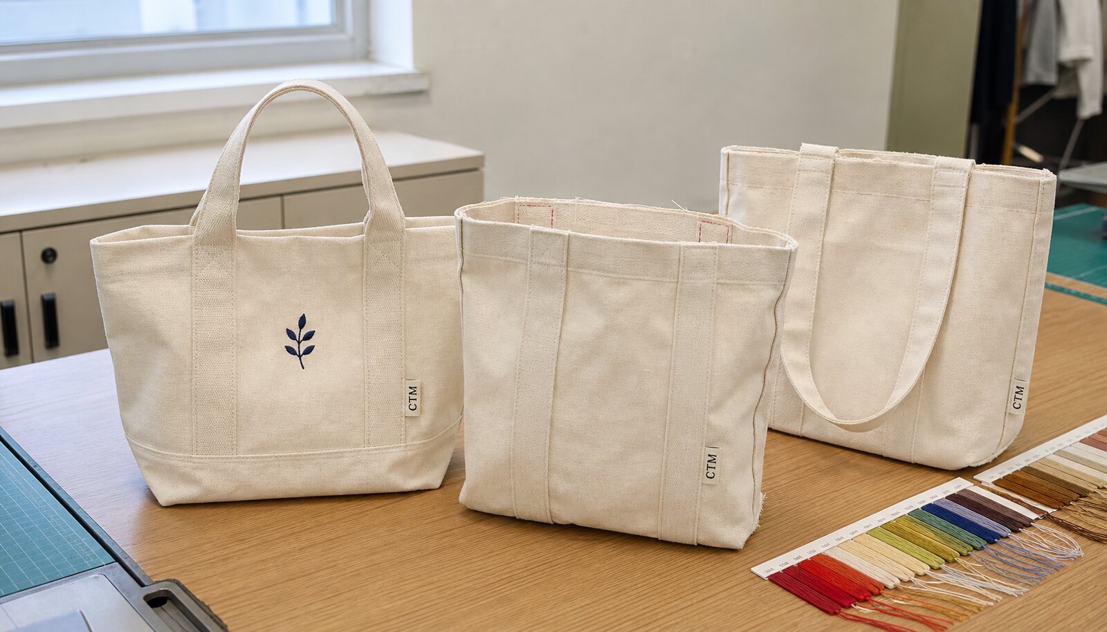 Photorealistic canvas bag with embroidery in a factory sample room with a small CTM woven side label