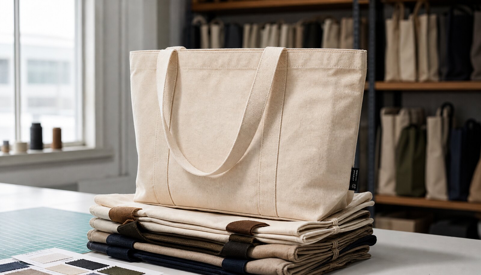 Canvas tote bag sample in a factory room with a small CTM CottonToMaker side label