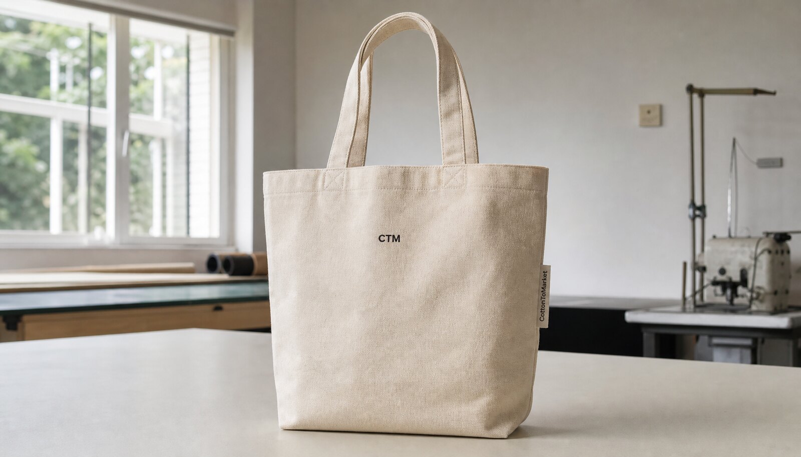 Natural canvas tote bag with a small CTM logo printed on the front in a clean sample room