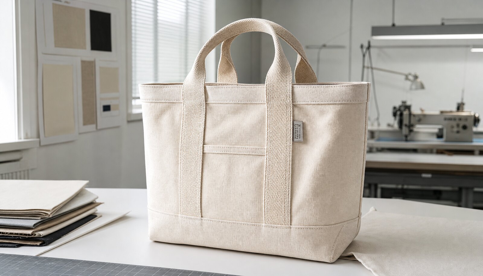 Canvas boat tote sample with a simple CottonToMaker logo printed on the front in a factory sample room