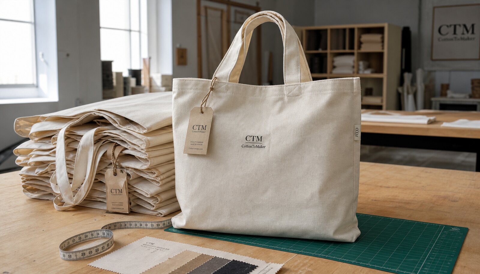 Photorealistic canvas book fair tote bag with a simple CTM/CottonToMaker logo in a factory sample room