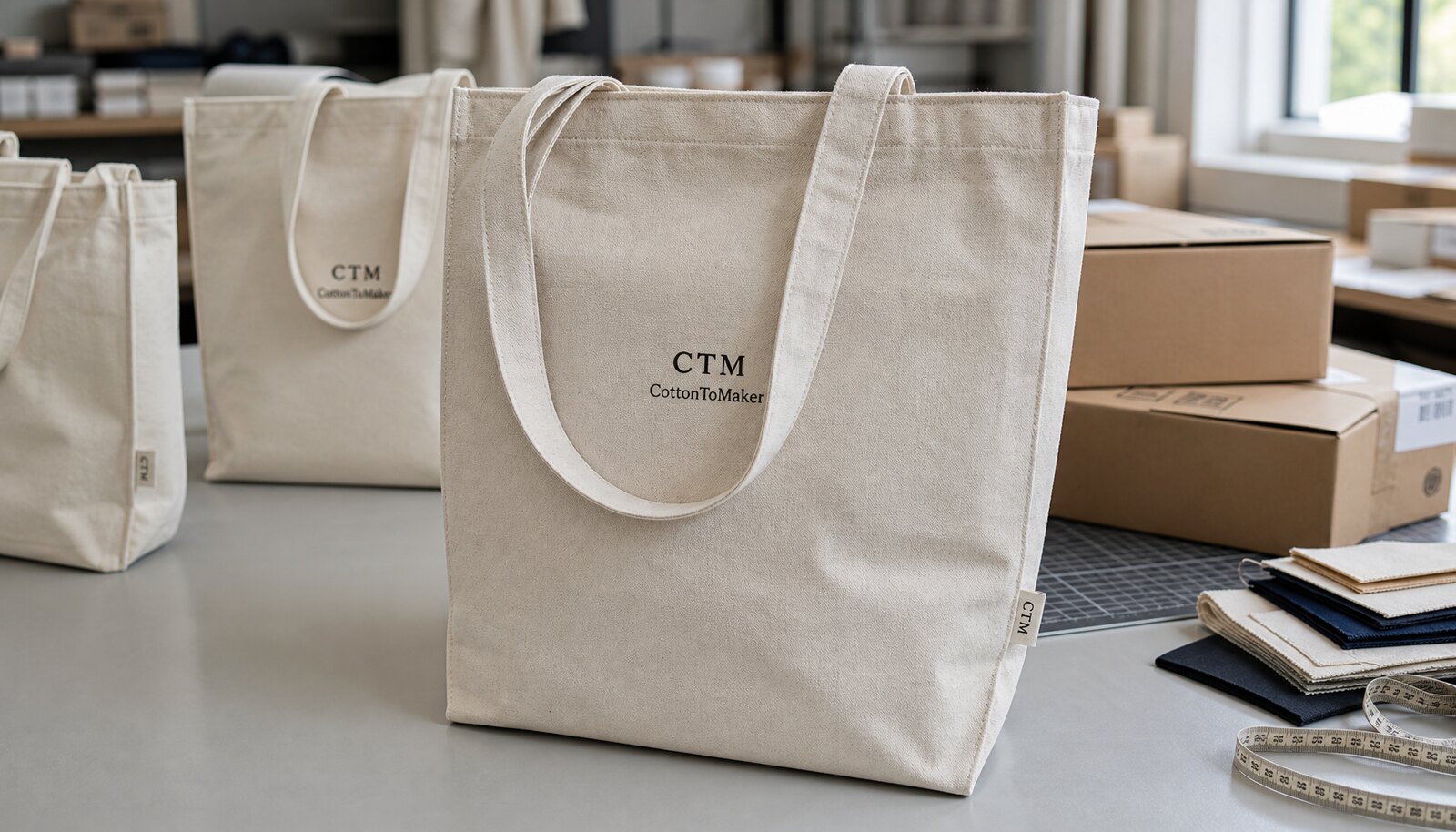 Natural canvas book fair tote with CTM sample logo in a factory sample room, shown beside shipping cartons