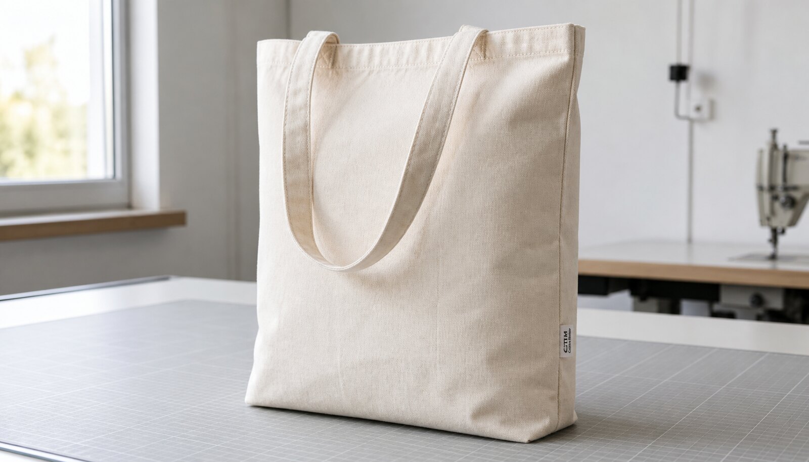 Natural canvas book fair tote bag with a small CTM CottonToMaker side label in a factory sample room