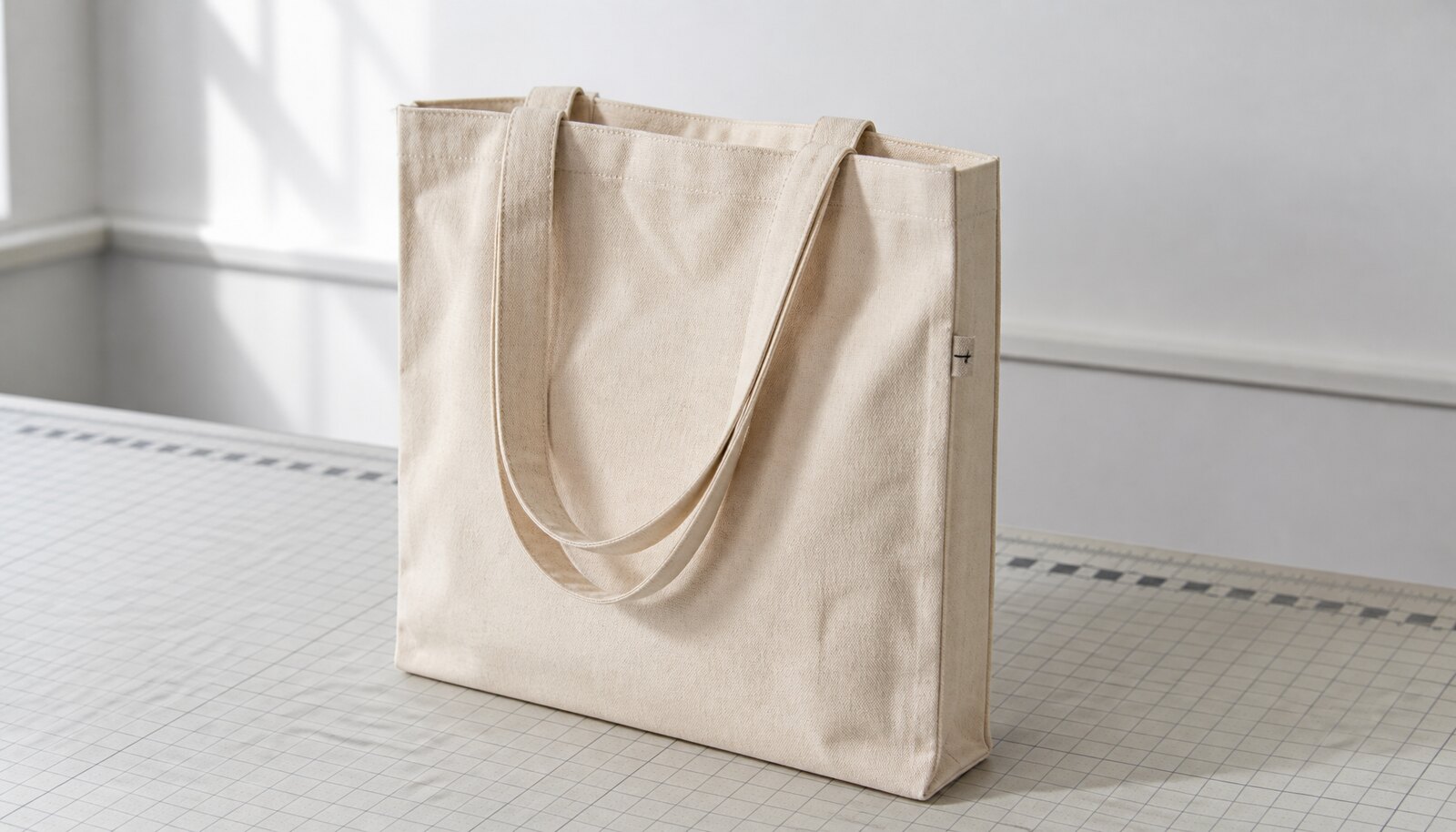 Photorealistic canvas tote with a simple sample logo in a factory sample room