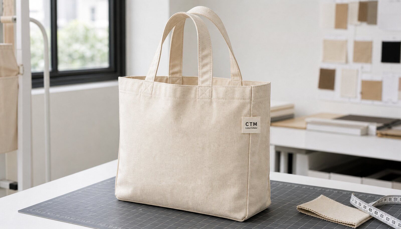 Natural canvas book fair tote with a simple CTM sample logo shown in a clean factory sample room.