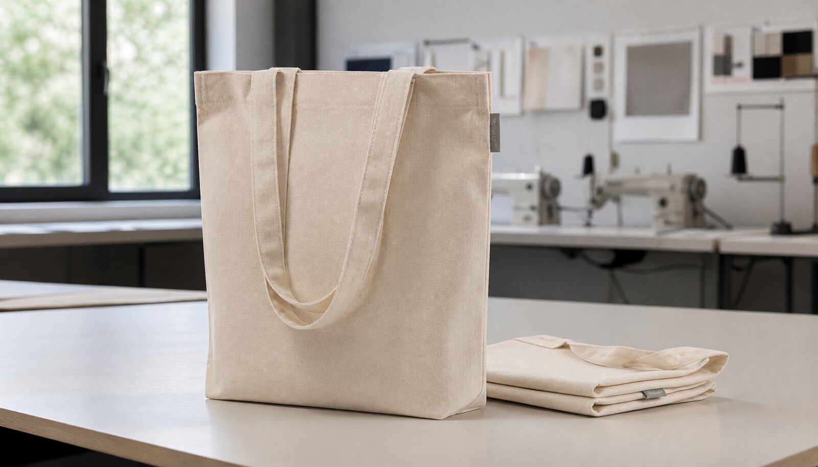 Natural canvas book fair tote with a small CTM sample logo sewn on a side label in a clean factory sample room