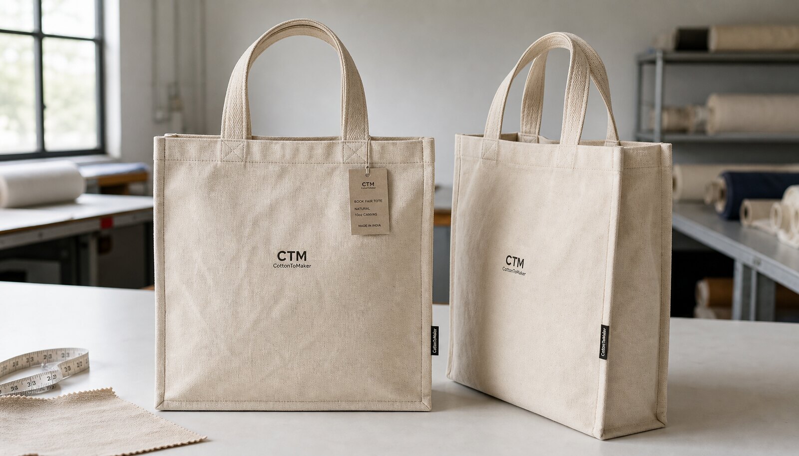 Two natural canvas book fair totes with a small CTM logo printed directly on the bag in a clean factory sample room