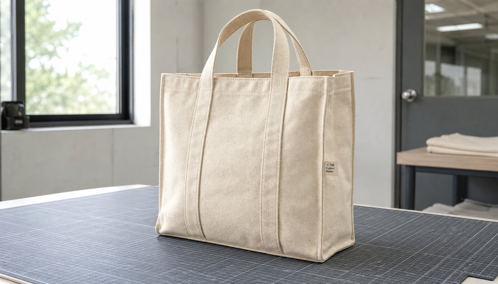 Natural canvas book fair tote with a small CTM CottonToMaker logo in a clean sample room