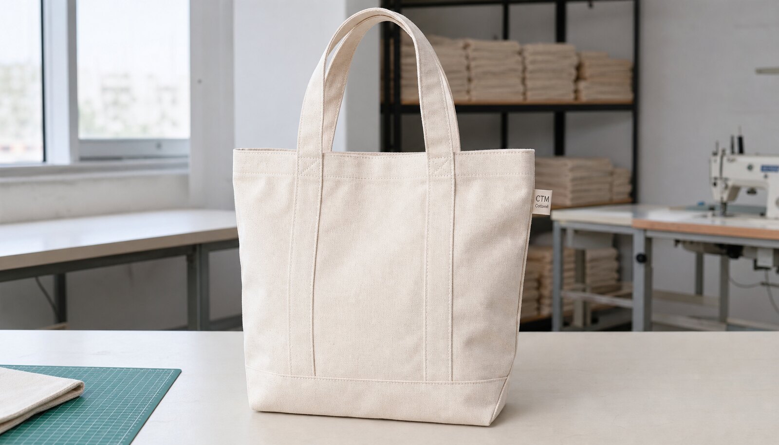 Natural canvas tote with a CTM sample logo in a clean factory sample room