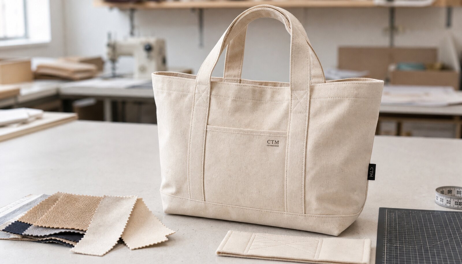 Natural canvas tote for a cosmetic brand shown with fabric swatches in a factory sample room