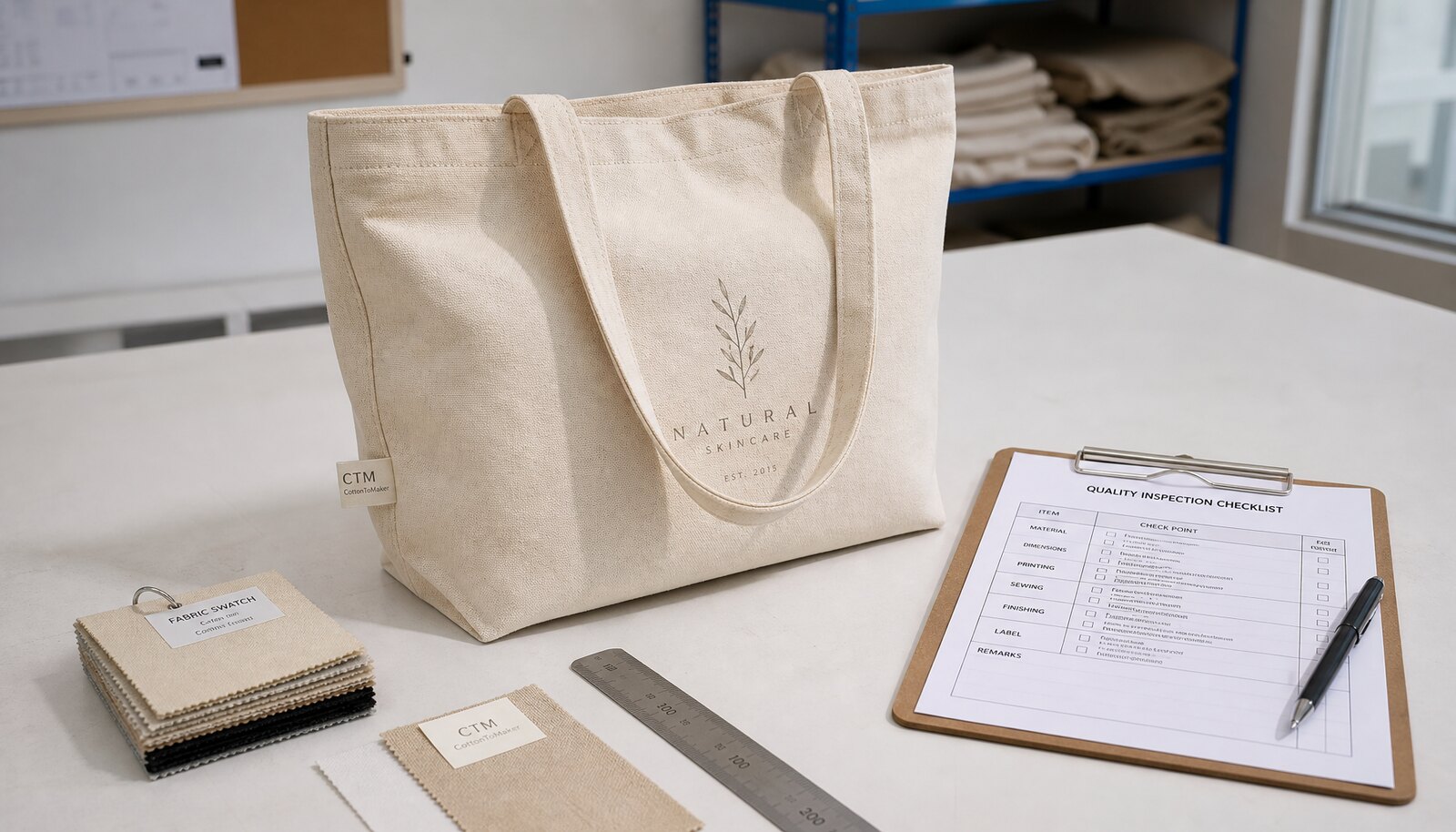 Natural canvas book fair tote with a sewn CTM CottonToMaker side label in a clean factory sample room
