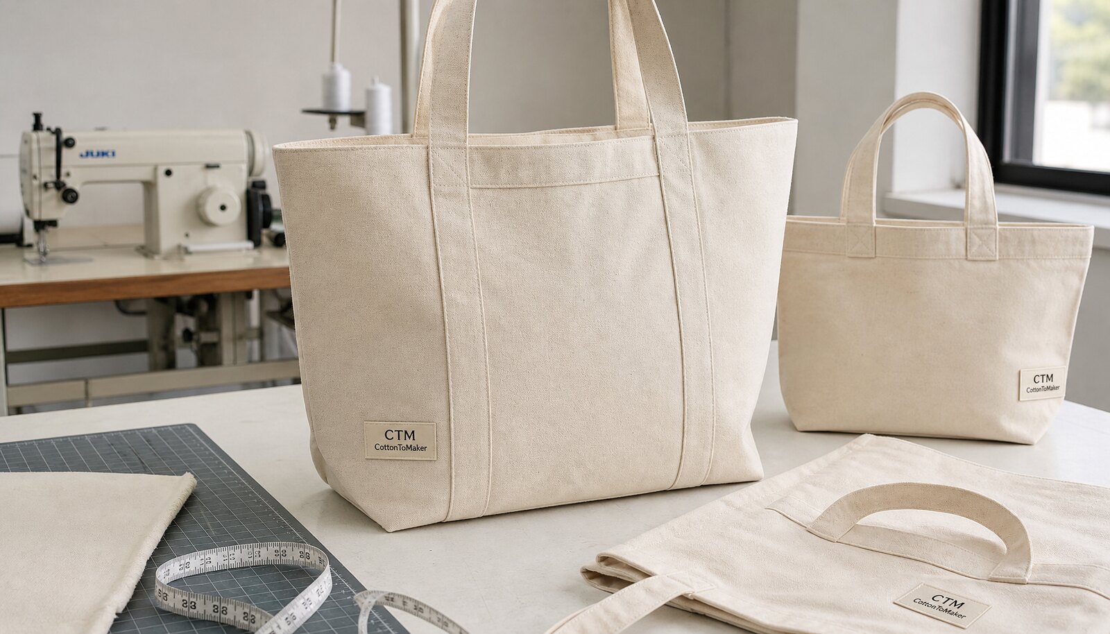 Natural canvas book fair tote bag with a small CTM CottonToMaker side label stitched on in a clean factory sample room