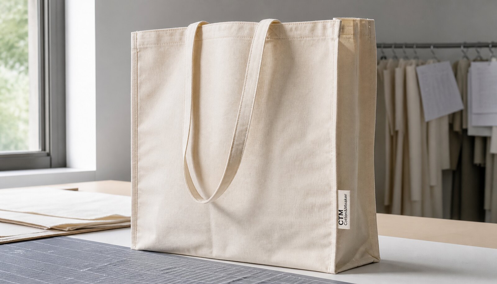 Natural canvas tote bag with a CTM CottonToMaker woven side label in a factory sample room.