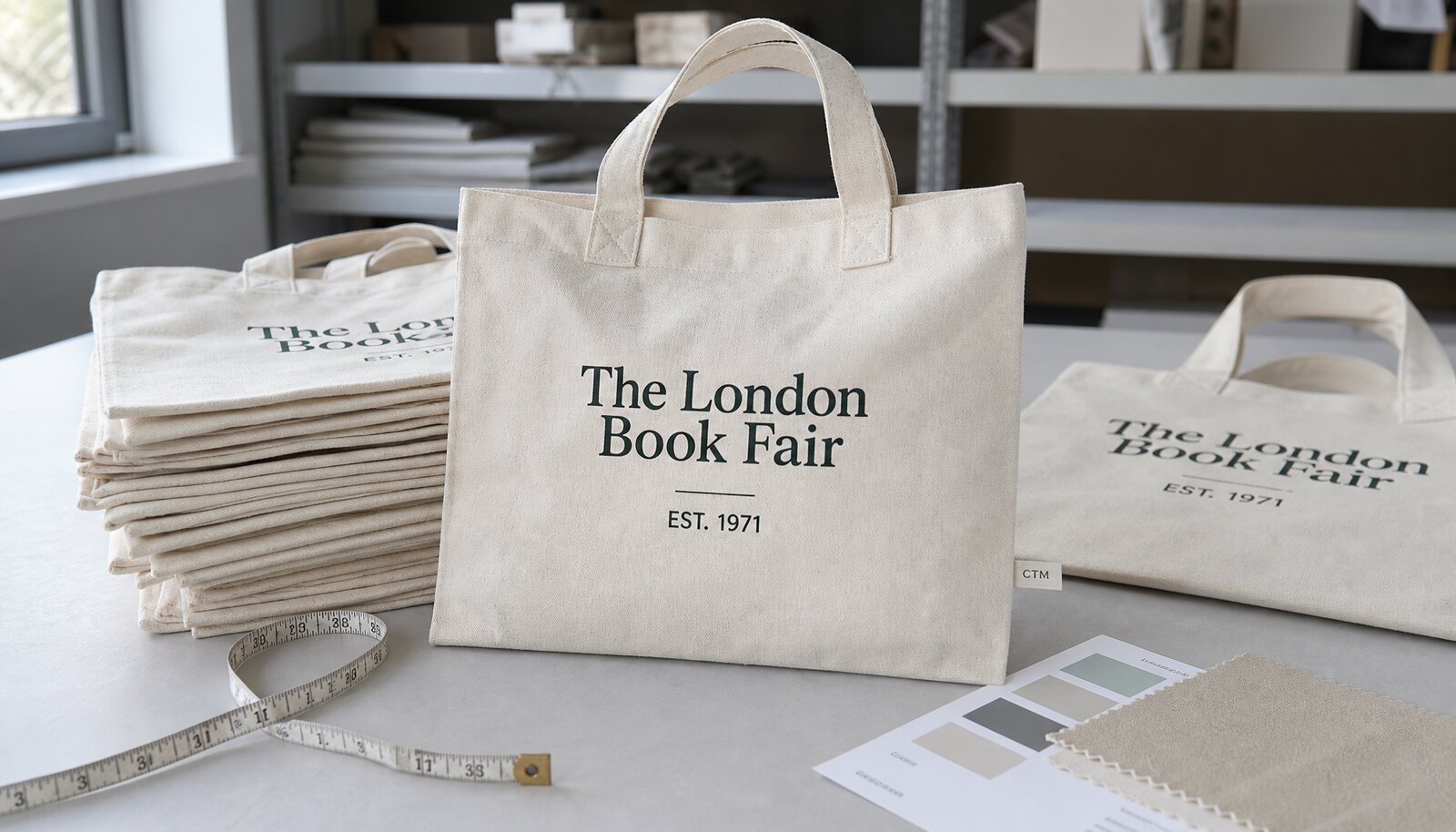 Canvas book fair tote samples in a clean factory sample room with a CTM / CottonToMaker side label.