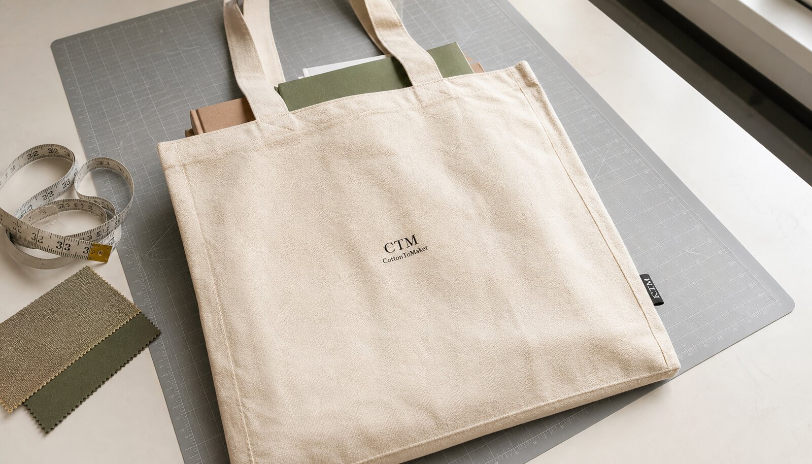 Natural canvas book fair tote with a simple CTM CottonToMaker logo printed on the front in a factory sample room