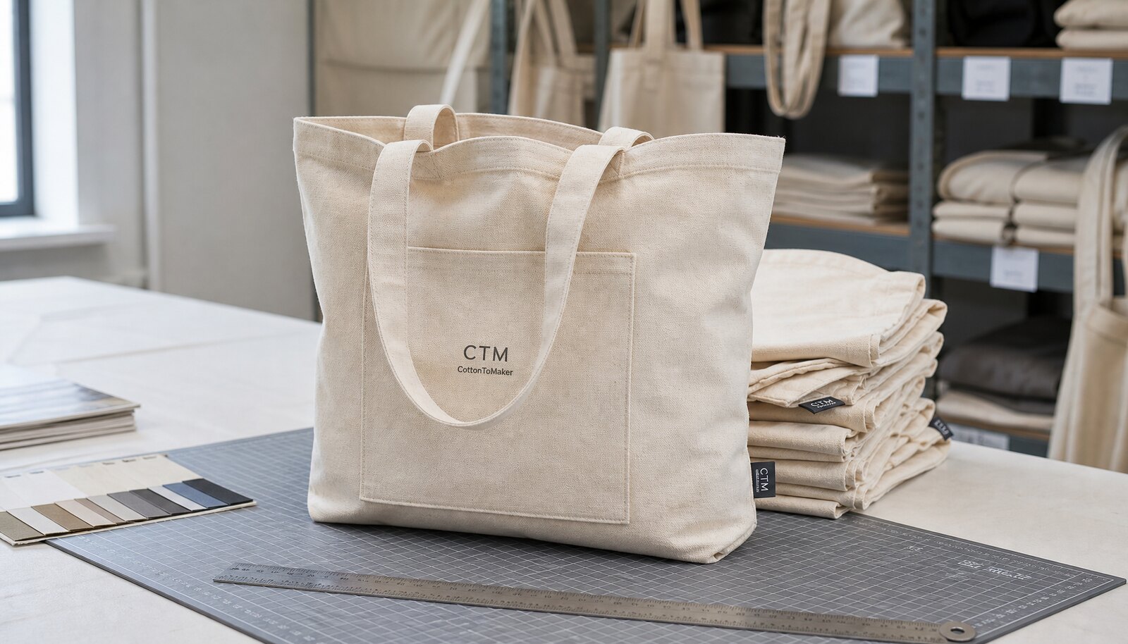 Natural canvas museum book fair tote bag with a small CTM CottonToMaker logo printed on the front in a factory sample room