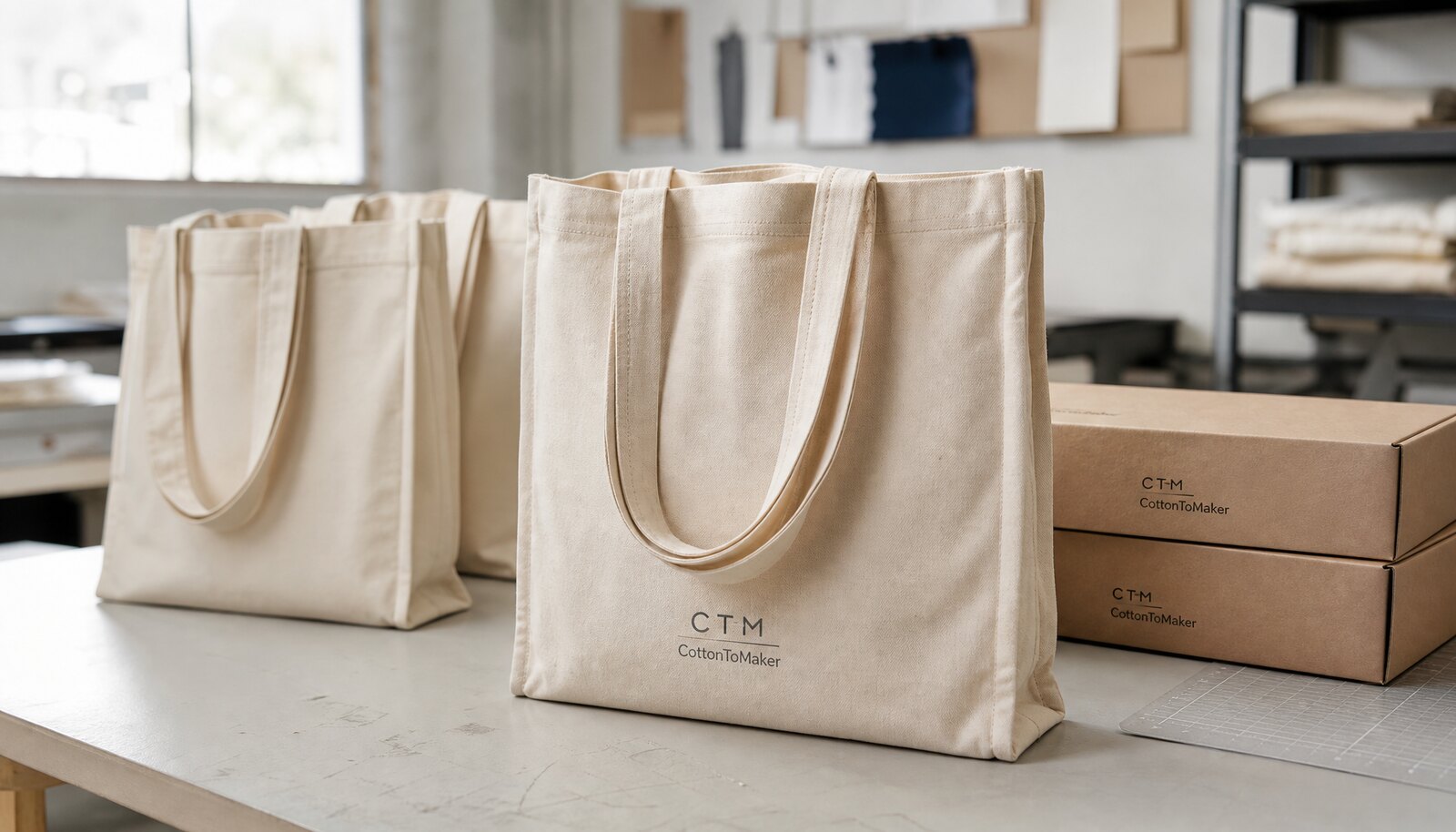 Natural canvas book fair totes for retail chains with a simple CTM sample logo printed directly on the bag in a clean factory sample room