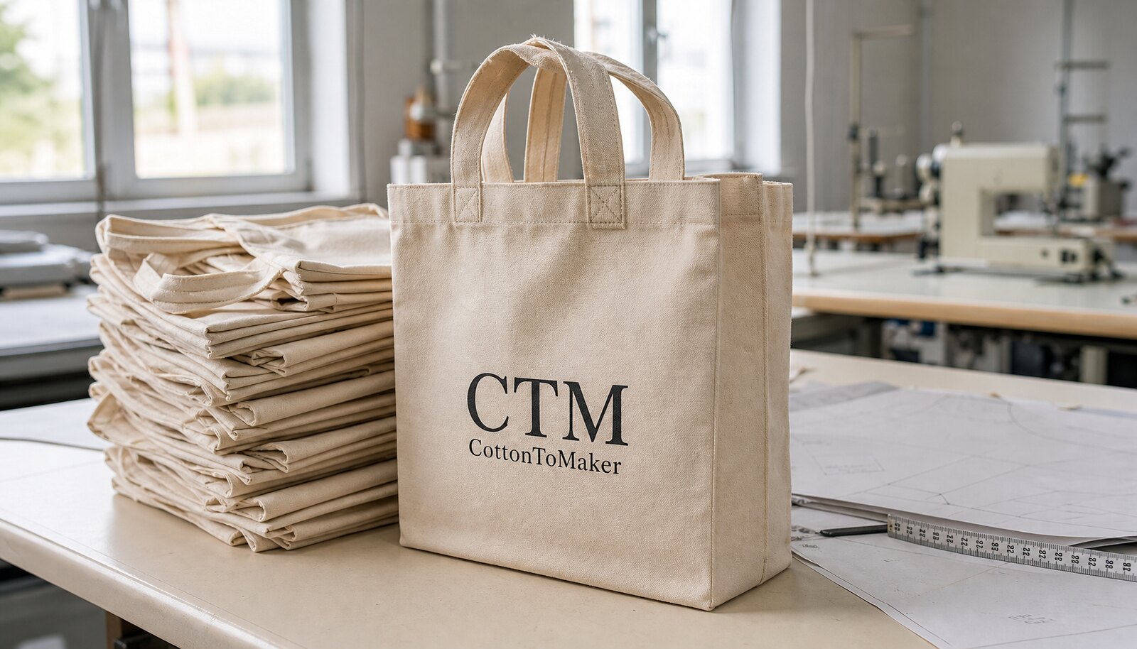 Photorealistic canvas book fair tote with a CTM CottonToMaker sample logo in a factory sample room