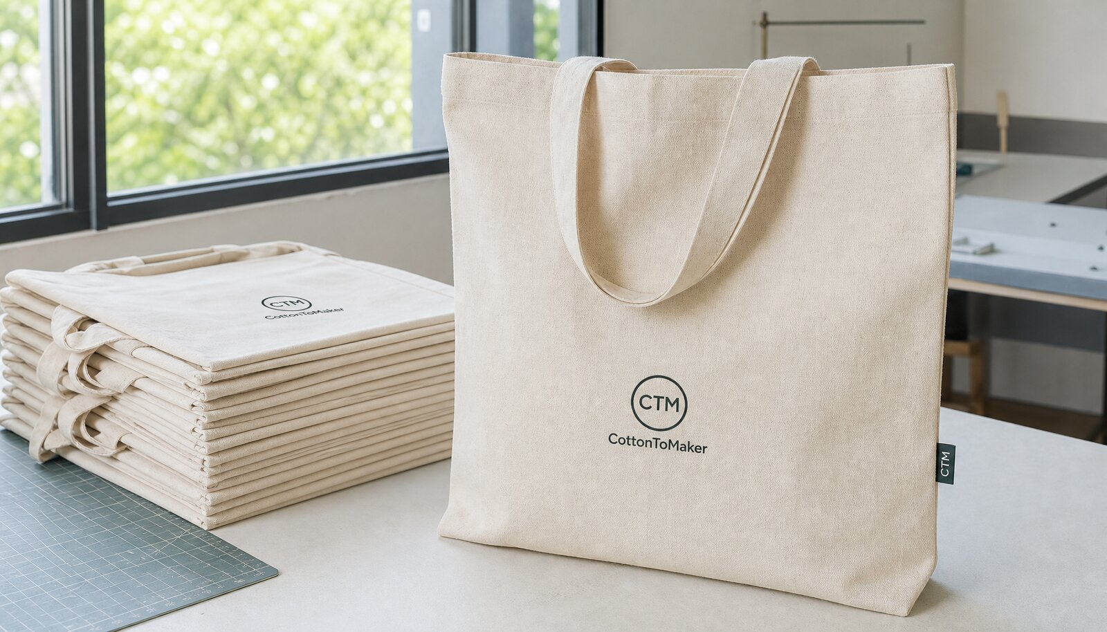 Natural canvas book fair tote with a simple CTM CottonToMaker logo printed and a sewn side label in a factory sample room